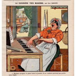 GRAVURE COULEUR 1903 LA CUISINIERE TRES MODERNE PIANISTE PAR LUC...