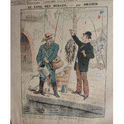 PLANCHE COULEUR DESSIN DE DRANER VERS 1898 LA PECHE LE LONG DES...